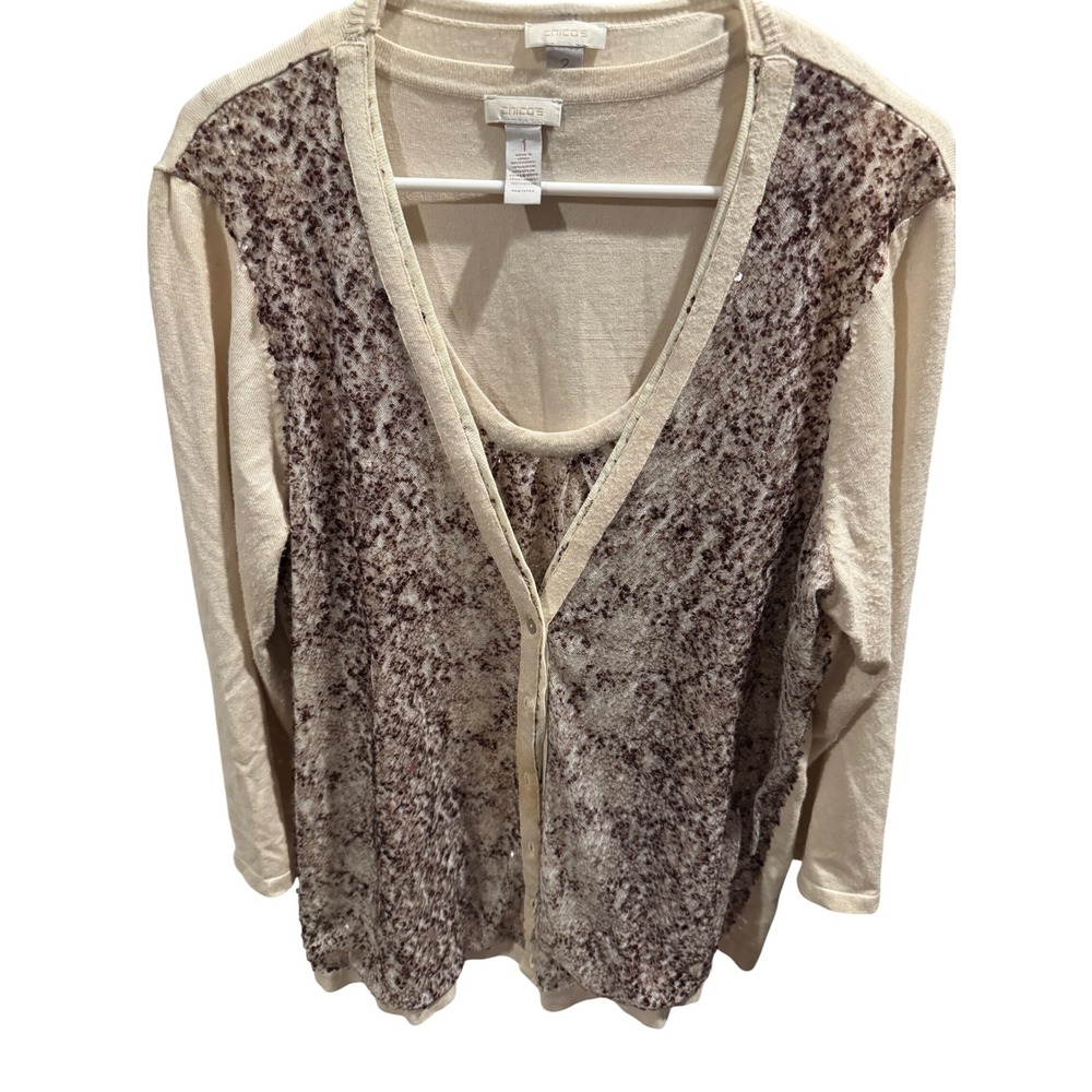 Chicos 2 Piece Cardigan Tank Twin Set Cream Mauve Sequin Knit Womens Size 1 2